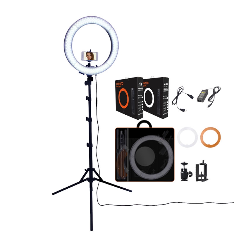 FOSOTO RL-18 LED Ring Light 5500K 55W Photo Studio Light Photography Dimmable Video for Smartphone with Tripod Phone Holder FOSOTO RL-18 LED Ring Light 5500K 55W Photo Studio Light Photography Dimmable Video for Smartphone with Tripod Phone Holder