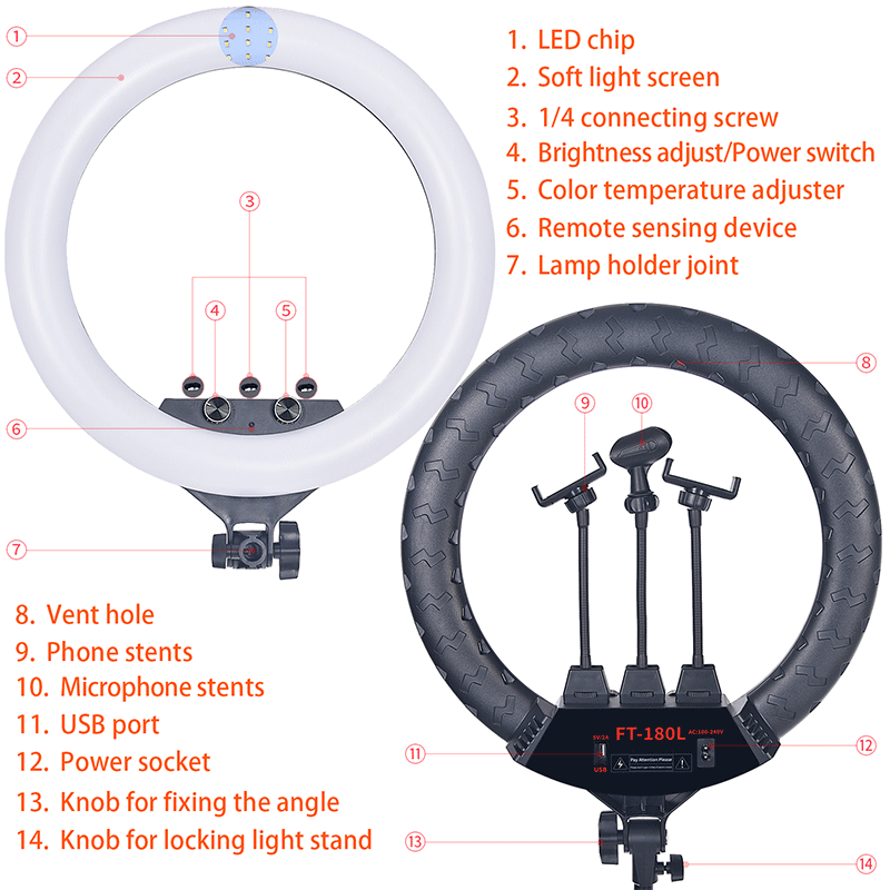 FOTOSO FT-180L/18inch 55W 3200-5600K LED Selfie Ring Light with 3 Phone Holder and 2M Tripod Stand for Makeup YouTube, TikTok, Camera lights FOTOSO FT-180L/18inch 55W 3200-5600K LED Selfie Ring Light with 3 Phone Holder and 2M Tripod Stand for Makeup YouTube, TikTok, Camera lights