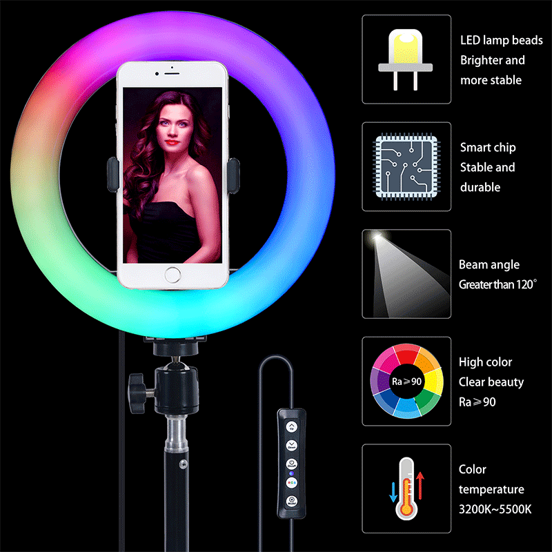 FOSOTO FT-20RGB 3200-5600K Portable phone holder LED Selfie Ring Light for Live, camera recording Makeup FOSOTO FT-20RGB 3200-5600K Portable phone holder LED Selfie Ring Light for Live, camera recording Makeup