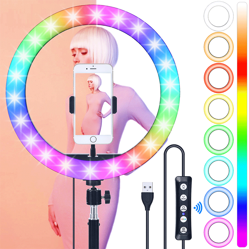 FOSOTO FT-33 3200-5600K RGB Selfie Ring Light Phone Holder with Tripod Stand for Makeup, Live Streaming, Video Recording FOSOTO FT-33 3200-5600K RGB Selfie Ring Light Phone Holder with Tripod Stand for Makeup, Live Streaming, Video Recording