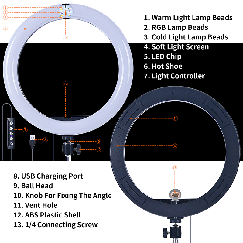 FOSOTO FT-33 3200-5600K RGB Selfie Ring Light Phone Holder with Tripod Stand for Makeup, Live Streaming, Video Recording FOSOTO FT-33 3200-5600K RGB Selfie Ring Light Phone Holder with Tripod Stand for Makeup, Live Streaming, Video Recording