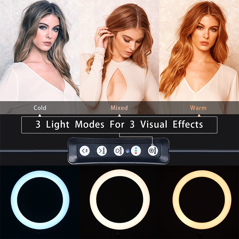 FOSOTO FT-33 3200-5600K RGB Selfie Ring Light Phone Holder with Tripod Stand for Makeup, Live Streaming, Video Recording FOSOTO FT-33 3200-5600K RGB Selfie Ring Light Phone Holder with Tripod Stand for Makeup, Live Streaming, Video Recording