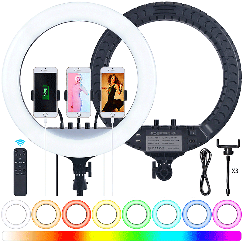 FOSOTO RL18 RGB 2700-6500K 55W LED Ring Light with Tripod phone Holder Video for TikTok, Photography, Makeup light FOSOTO RL18 RGB 2700-6500K 55W LED Ring Light with Tripod phone Holder Video for TikTok, Photography, Makeup light