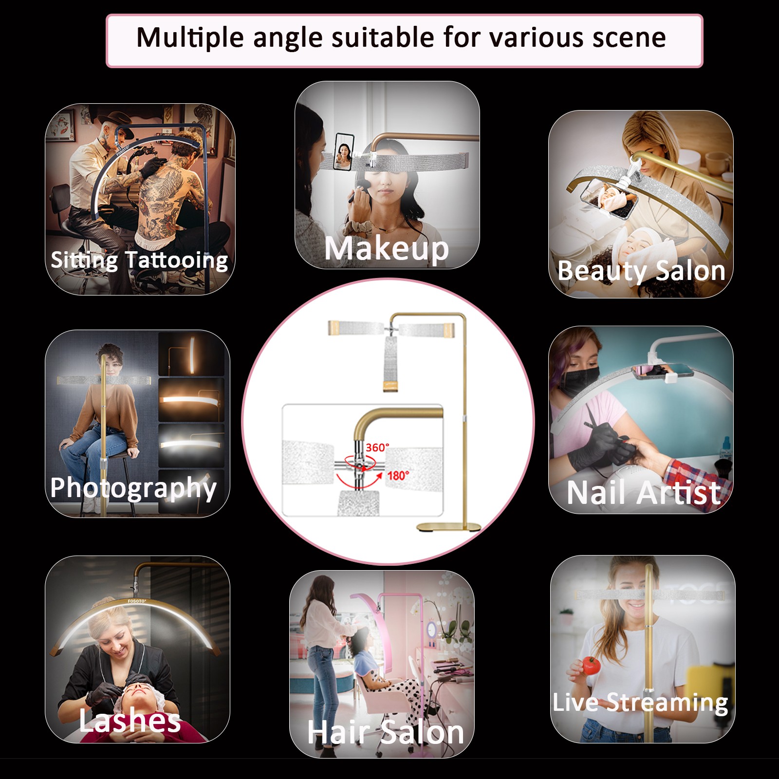 fosoto 45w ft-y16 crystal multifunctional LED Half Moon Lash Light Floor Lamp for Eyelash Extensions, Estheticians & Beauty Salon
